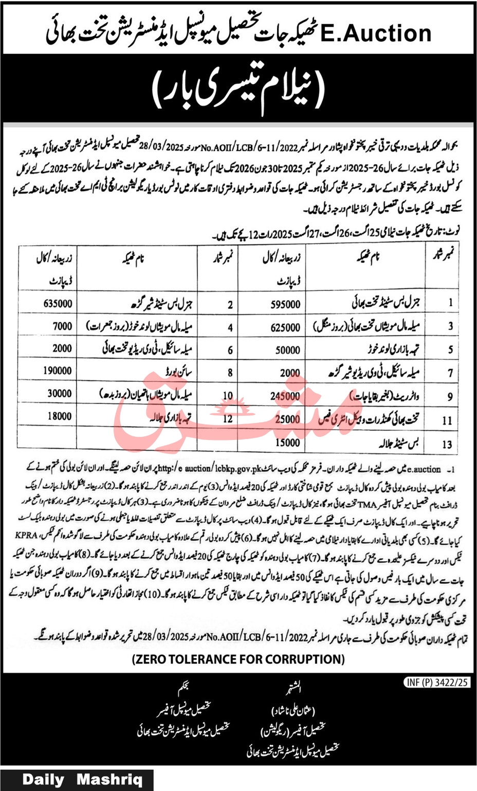 Tehsil Municipal Administration Takhat Bhai Tender Notice